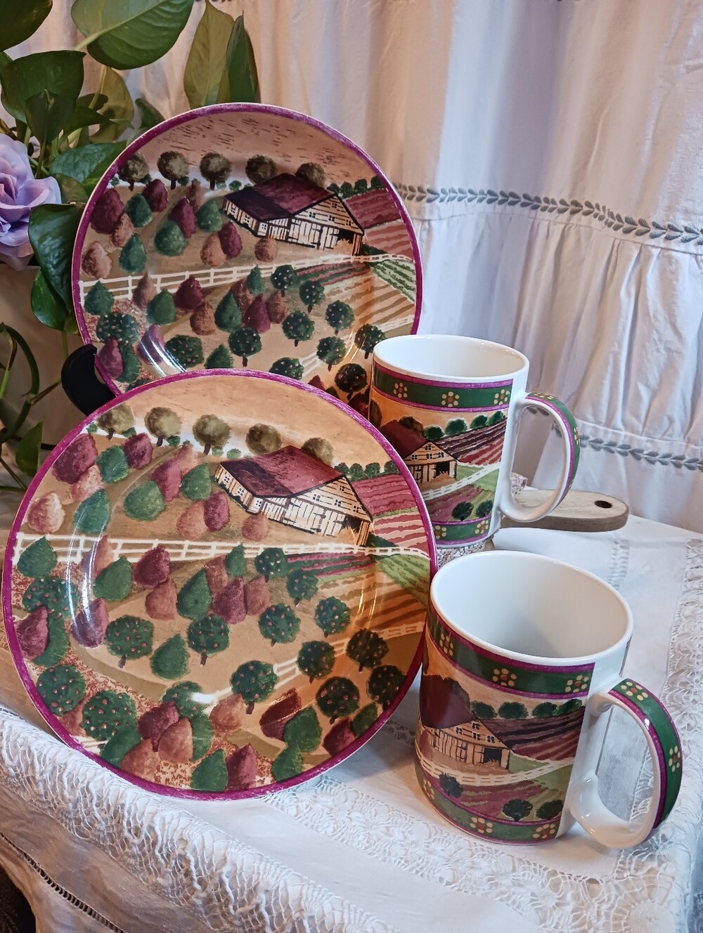 Vintage 1995 BLOCK 2 8" Plates Mugs Country Village By Gear Indonesia Folk Art